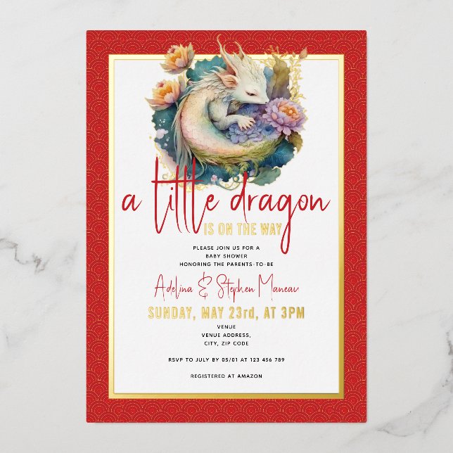 A Little Dragon Is On The Way Red Baby Shower Foil Invitation (Front)