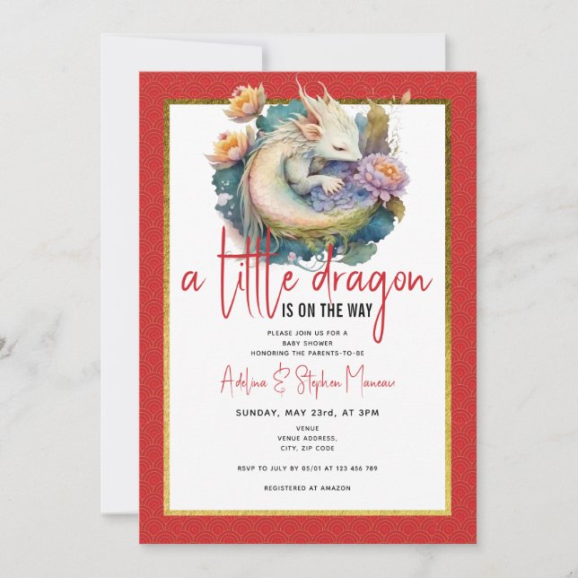 A Little Dragon Is On The Way Red Baby Shower Invitation (Front)