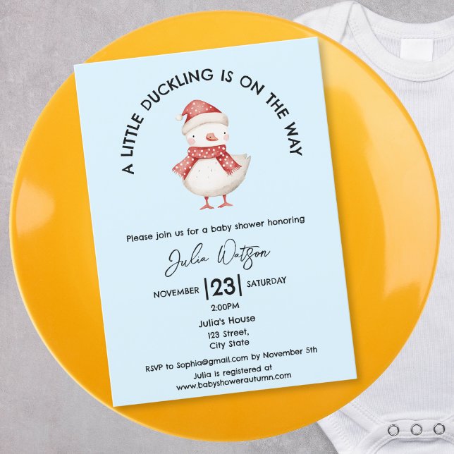 A little Duckling is on the Way Winter Christmas Invitation (cute baby duck with red polka dot winter cap and scarf)