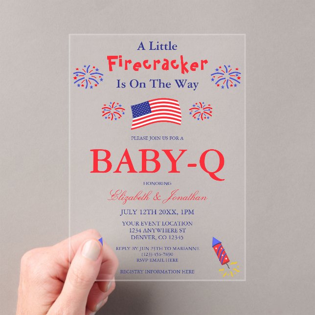 A Little Firecracker Is On The Way Baby-Q Acrylic Invitations (Insitu (Handheld))