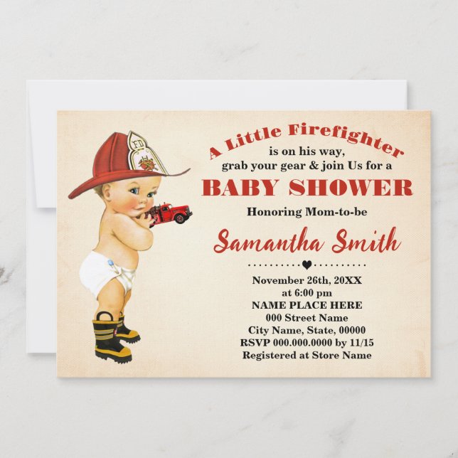 A Little Firefighter is on His Way Baby Shower Invitation (Front)