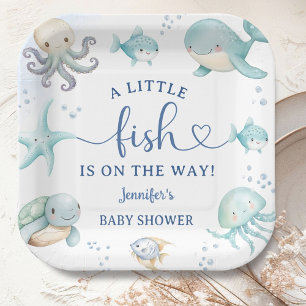 A Little Fish is On The Way Boy Ocean Baby Shower Paper Plates