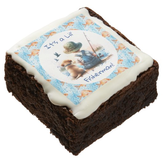 A Little Fisherman | Cute Boy's Baby Shower Brownie (Angled)