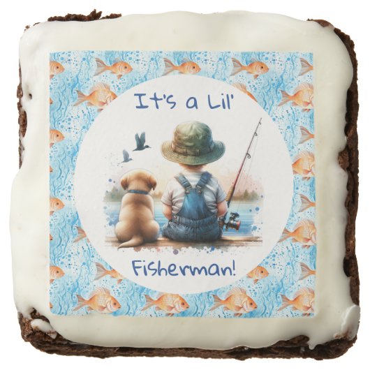 A Little Fisherman | Cute Boy's Baby Shower Brownie (Front)