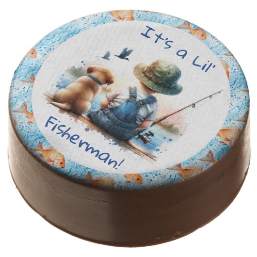 A Little Fisherman | Cute Boy's Baby Shower Chocolate Covered Oreo (Angled)