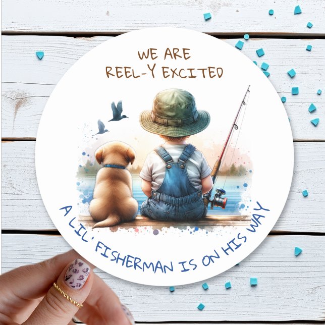 A Little Fisherman | Cute Boy's Baby Shower Classic Round Sticker (Creator Uploaded)