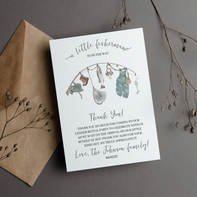 A little fisherman is on the way thank you card (fishing baby shower thank you card)