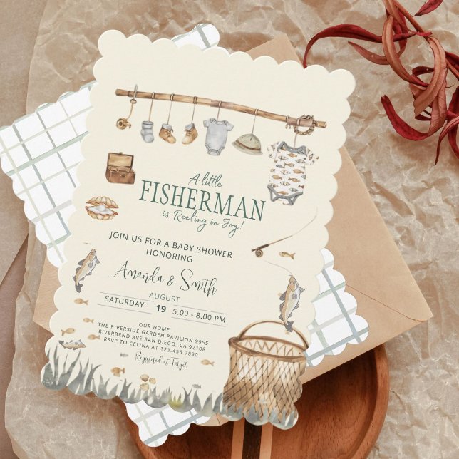 A Little Fisherman Watercolor Fishing Baby Shower Invitation (Creator Uploaded)