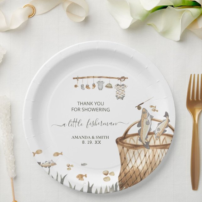 A Little Fisherman Watercolor Fishing Baby Shower  Paper Plates (Creator Uploaded)