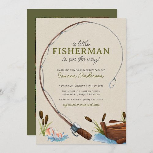 A Little Fisherman Watercolor Photo Baby Shower Invitation