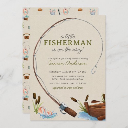 A Little Fisherman Watercolor Script Baby Shower Invitation
