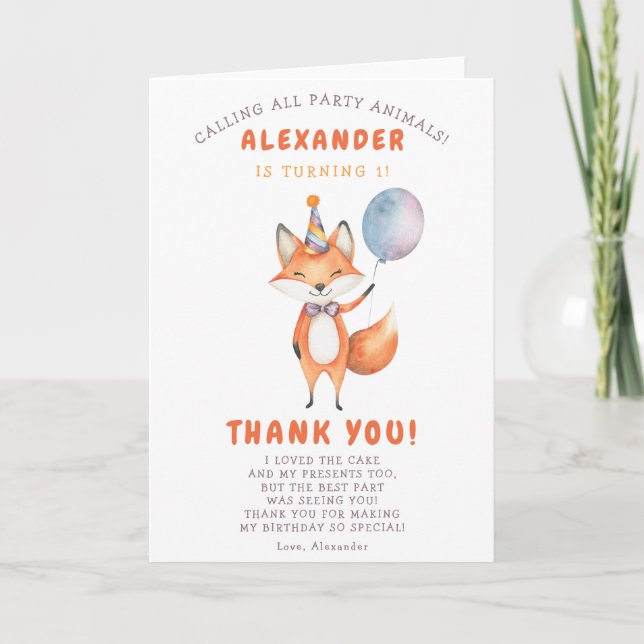 A Little Fox 3th Birthday Party  Thank You Card (Front)