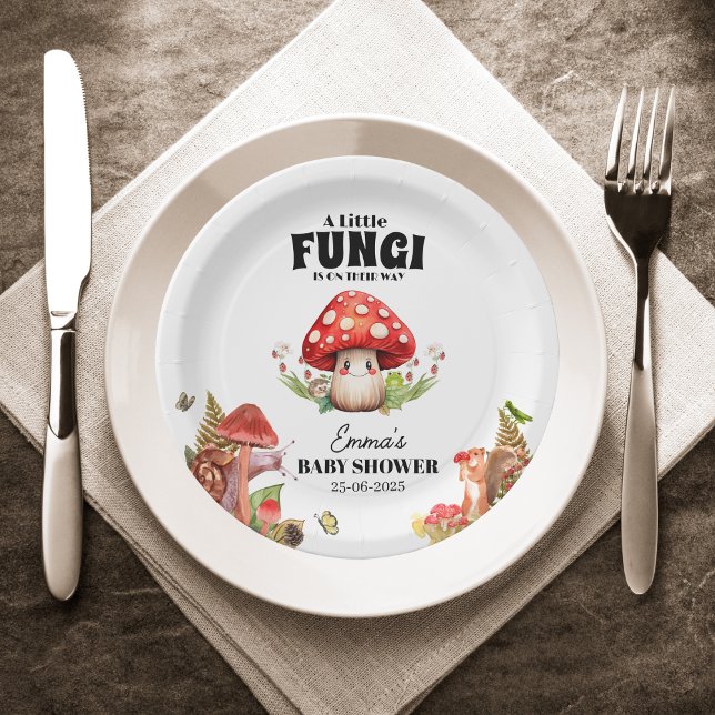 a Little Fungi Mushroom Butterfly Moth Baby Shower Paper Plates (Mushroom Woodland Frog Ladybug Moth Baby Custom forest rustic fall autumn baby shower fungi wood)