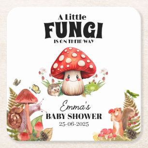 a Little Fungi Mushroom Butterfly Moth Baby Shower Square Paper Coaster