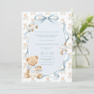 A Little Gentleman Blue Boy Bear Baby Invitation