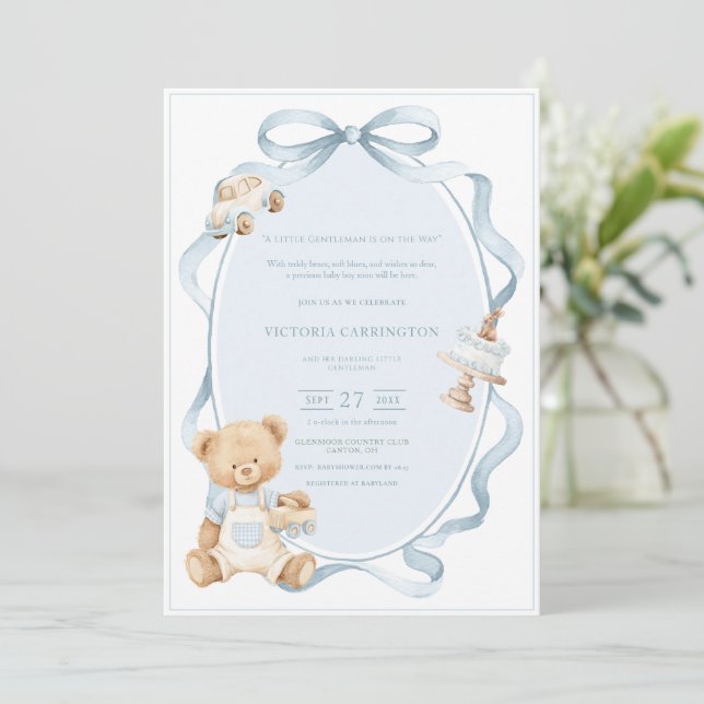 A Little Gentleman Blue Boy Bear Baby  Invitation (Standing Front)