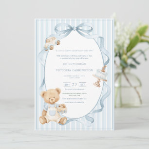 A Little Gentleman Blue Boy Bear Stripe Baby Invitation