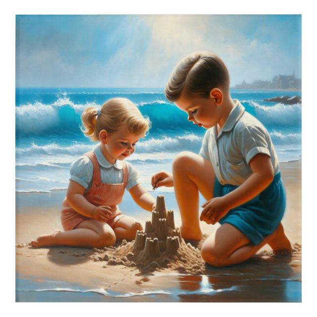 A Little Girl and Boy Building a Sandcastle   Acrylic Print (Front)