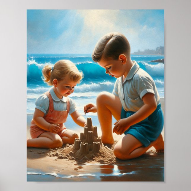 A Little Girl and Boy Building a Sandcastle   Poster (Front)