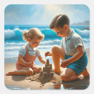 A Little Girl and Boy Building a Sandcastle   Square Sticker