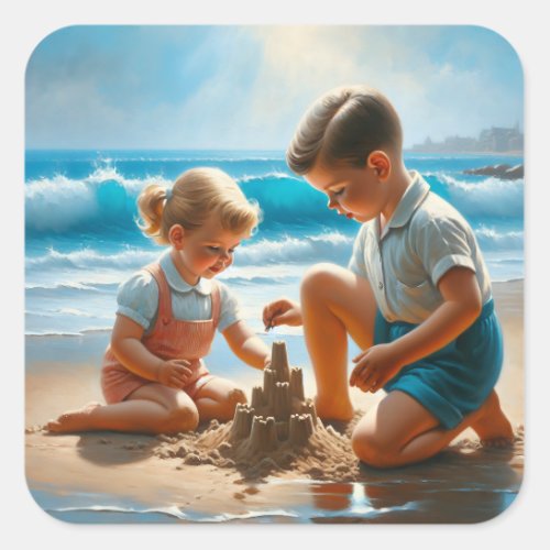 A Little Girl and Boy Building a Sandcastle   Square Sticker