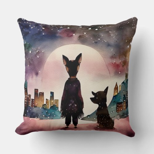 A Little Girl and Her Furry Friends Journey Home Throw Pillow