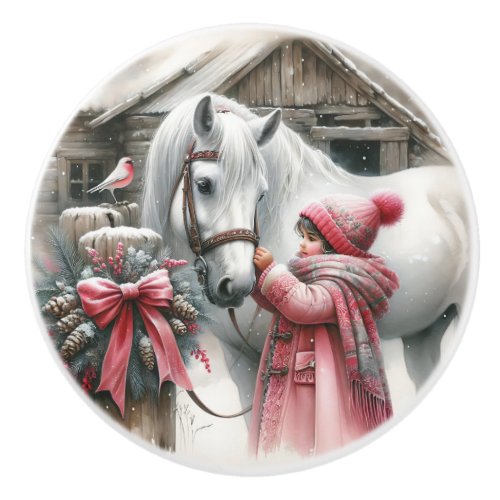 A Little Girl and her White Horse Ceramic Knob