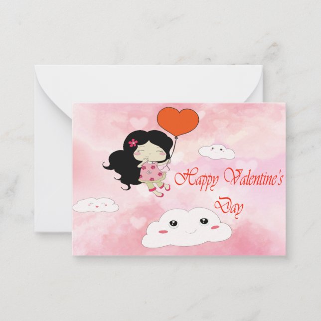 A Little Girl Flying With Heart Balloons Note Card (Front)