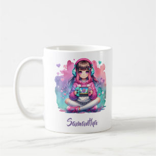 A little girl gamer playing video play game coffee mug