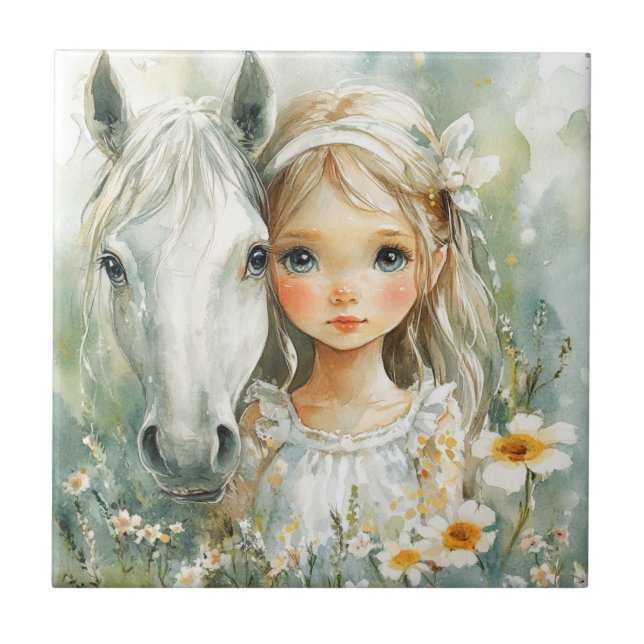 A Little Girl with a Horse Ceramic Tile (Front)