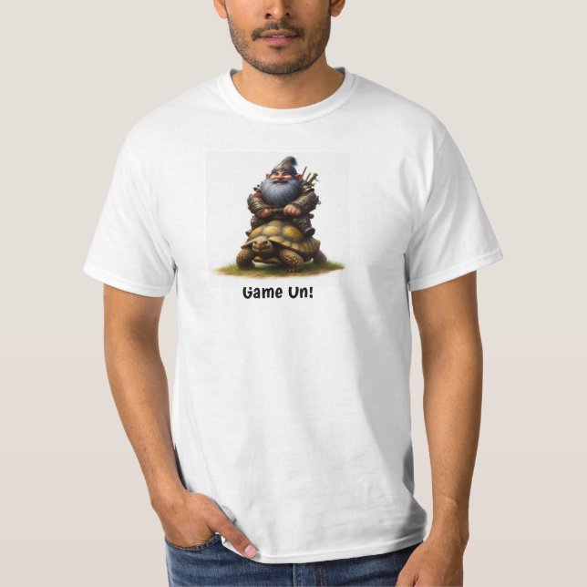 A Little Gnome Warrior Posing with his Tortoise T-Shirt (Front)