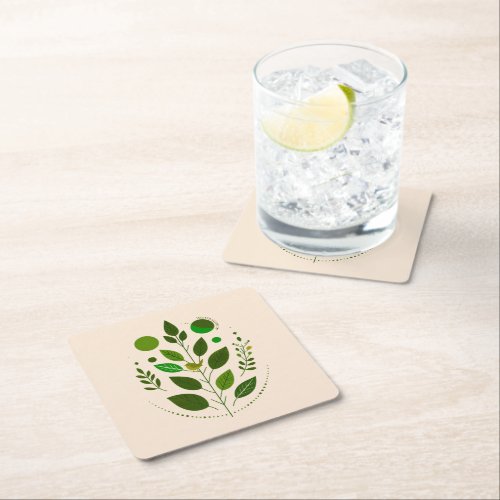 A little green bird and green leaves square paper coaster