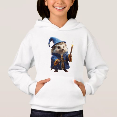 a little hedgehog with a wizards robe and wand hoodie