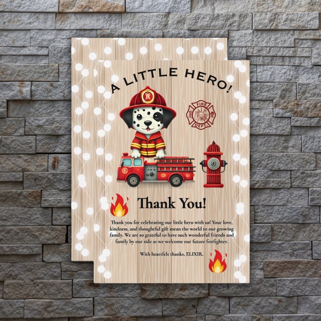 A Little Hero Firetruck Puppy Baby Shower Thank You Card (Creator Uploaded)