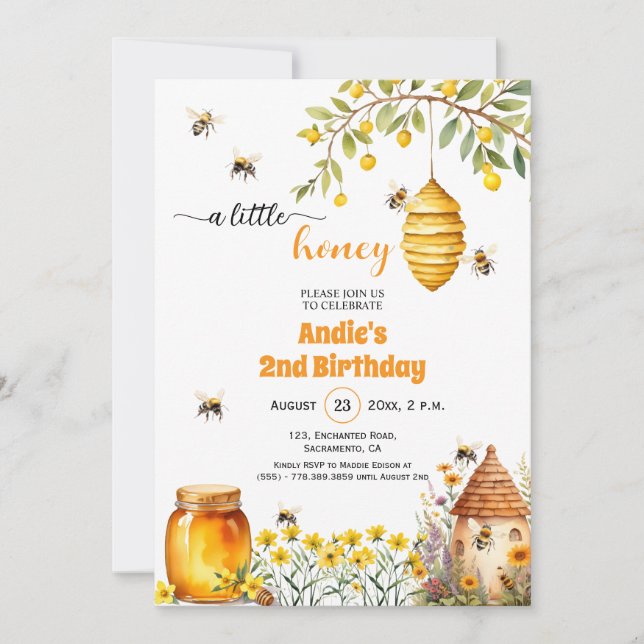 A Little Honey 2nd Birthday Invitation (Front)