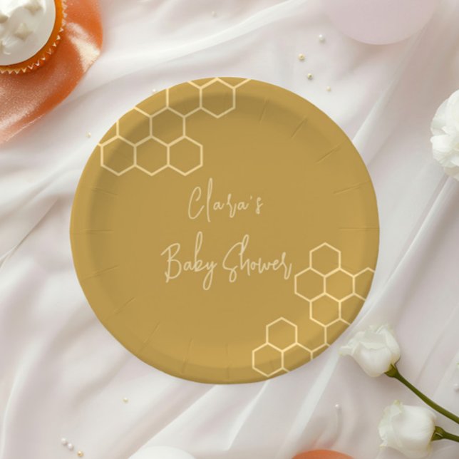 A Little Honey Minimal Golden Beige Baby Shower Paper Plates (Creator Uploaded)