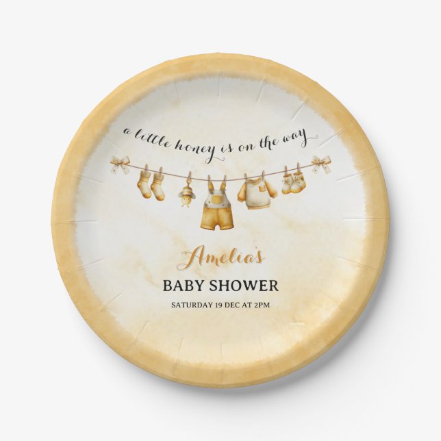 A little Honey On The Way Clothesline Baby Shower Paper Plates (Front)
