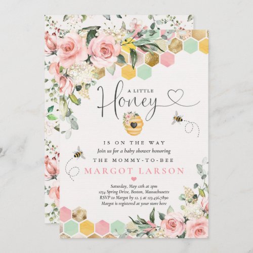 A Little Honey On The Way Greenery Pink Gold Baby Invitation