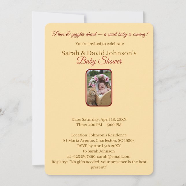 A little kitten and a tiny human are on the way invitation (Front)