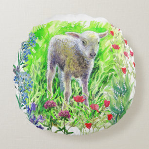 A little lamm and wildflowers round pillow