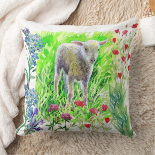 A little lamm and wildflowers  throw pillow