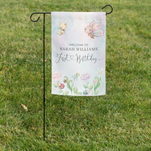 A Little Love Bug Watercolor Girl 1st Birthday Garden Flag