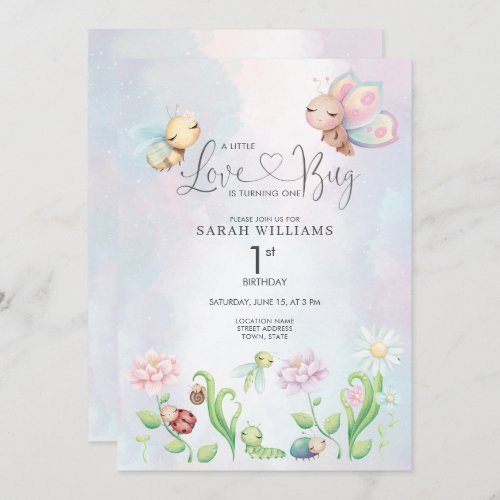 A Little Love Bug Watercolor Girl 1st Birthday Invitation