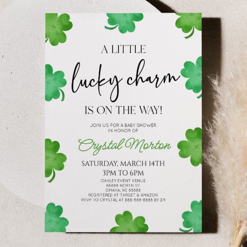 A Little Lucky Charm Green Clover Baby Shower Invitation