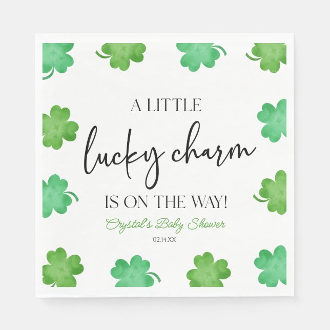 A Little Lucky Charm Green Clover Baby Shower Napkins (Front)
