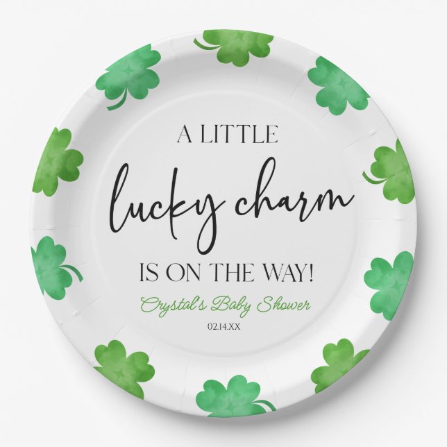A Little Lucky Charm Green Clover Baby Shower Paper Plates (Front)