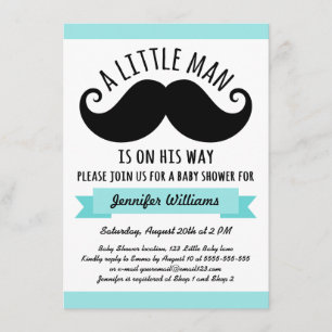 A little man, aqua blue mustache baby shower invitation
