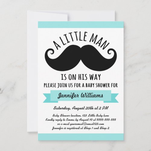 A little man, aqua blue mustache baby shower personalized invitation