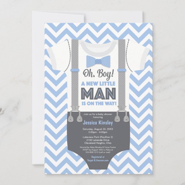 A Little Man Baby Shower Invitation, Blue & Grey Invitation (Front)