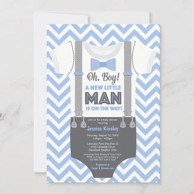 A Little Man Baby Shower Invitation, Blue & Grey Invitation | Zazzle